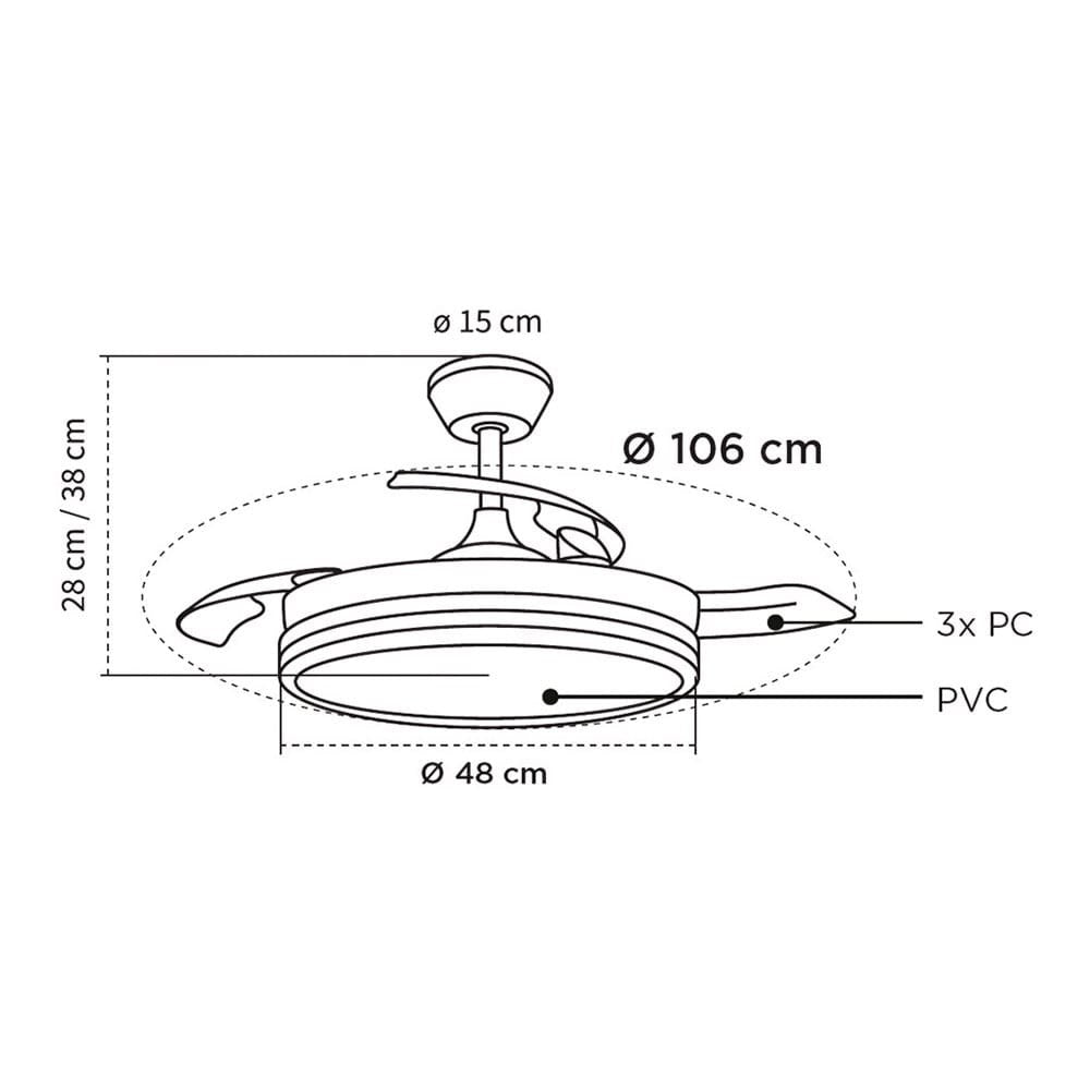 Ventilador de techo, led 3cct, aspas retráctiles, 48 w, 5280 lm, blanco, ø106 cm, plafón ø48 cm, altura 28 - 38 cm