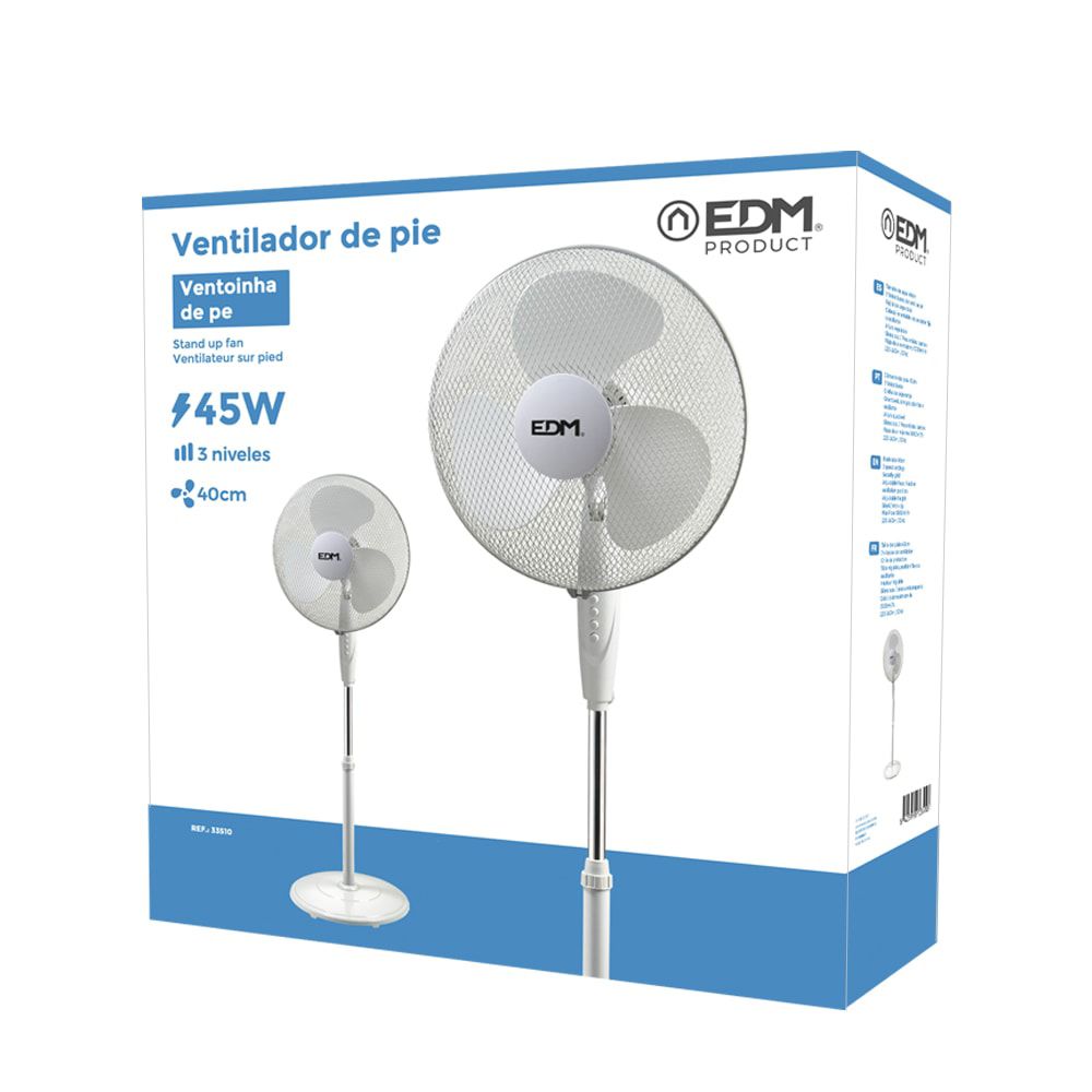 Ventilador de pie base circular, blanco, potencia 45 w, 55,6 db, aspas ø40 cm, altura regulable 110-130 cm