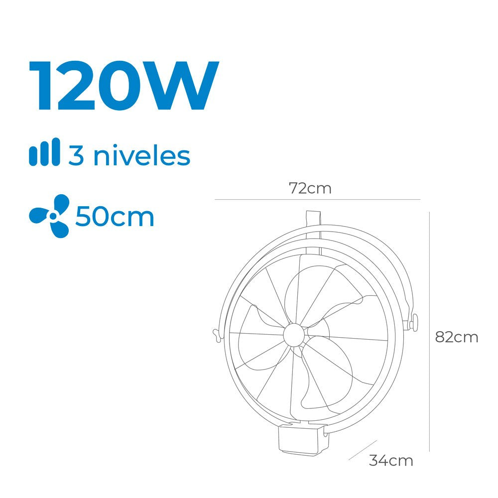 Ventilador pared-techo industrial, potencia 120 w, 64,9 db, aspas ø50 cm