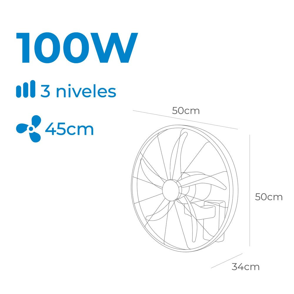 Ventilador pared mando a distancia, negro, potencia 100 w, 64,7 db, aspas ø45 cm