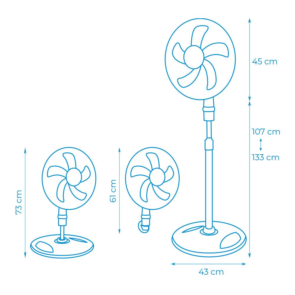 Ventilador 3 en 1, blanco, potencia 45w, aspas ø40 cm, altura regulable 107-133 cm