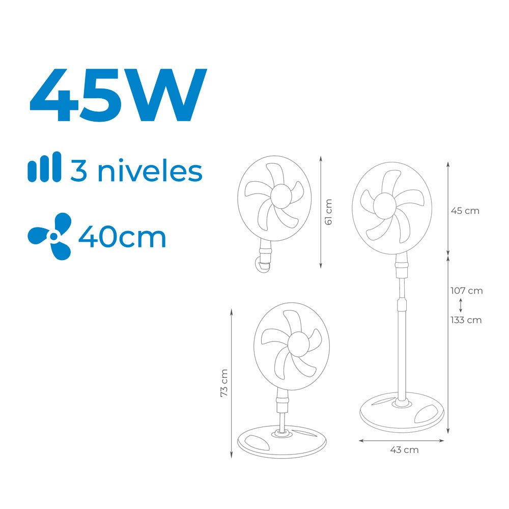 Ventilador 3 en 1, blanco, potencia 45w, aspas ø40 cm, altura regulable 107-133 cm