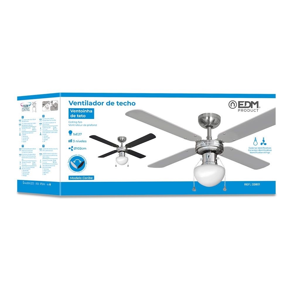 Ventilador de techo modelo caribe. color cromado. potencia: 50w aspas: ø102 cm edm