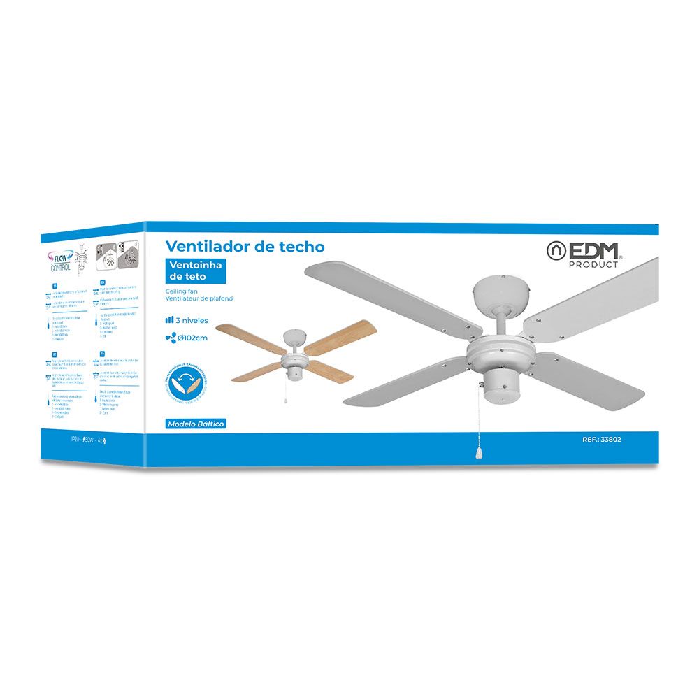 Ventilador de techo modelo baltico. color blanco. potencia: 50 w aspas: ø102cm edm