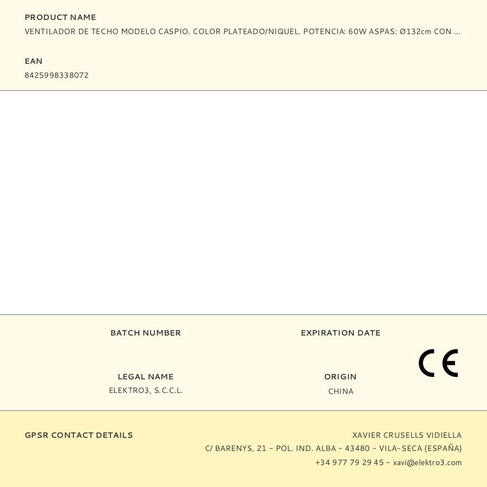 Ventilador de techo modelo caspio. color plateado/niquel. potencia: 60w aspas: ø132cm con mando a distancia edm