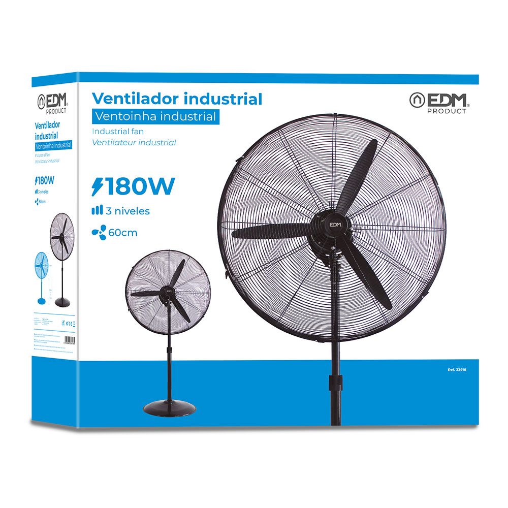 Ventilador de pie industrial base circular, oscilante, negro, potencia 180 w, 64,9 db, aspas ø60 cm, altura regulable 117-156 cm