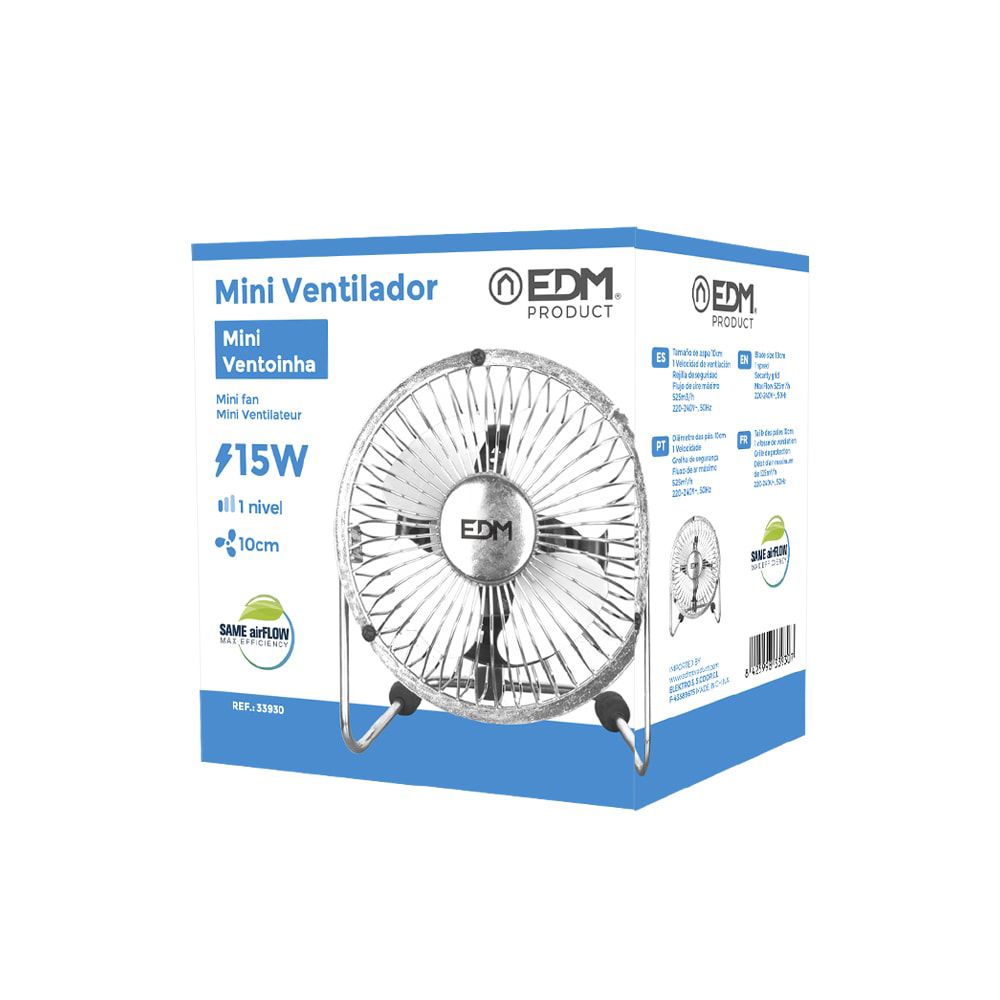 Ventilador mini industrial de sobremesa cromado: 15w, 54,7 db, aspas: ø10 x 15 cm