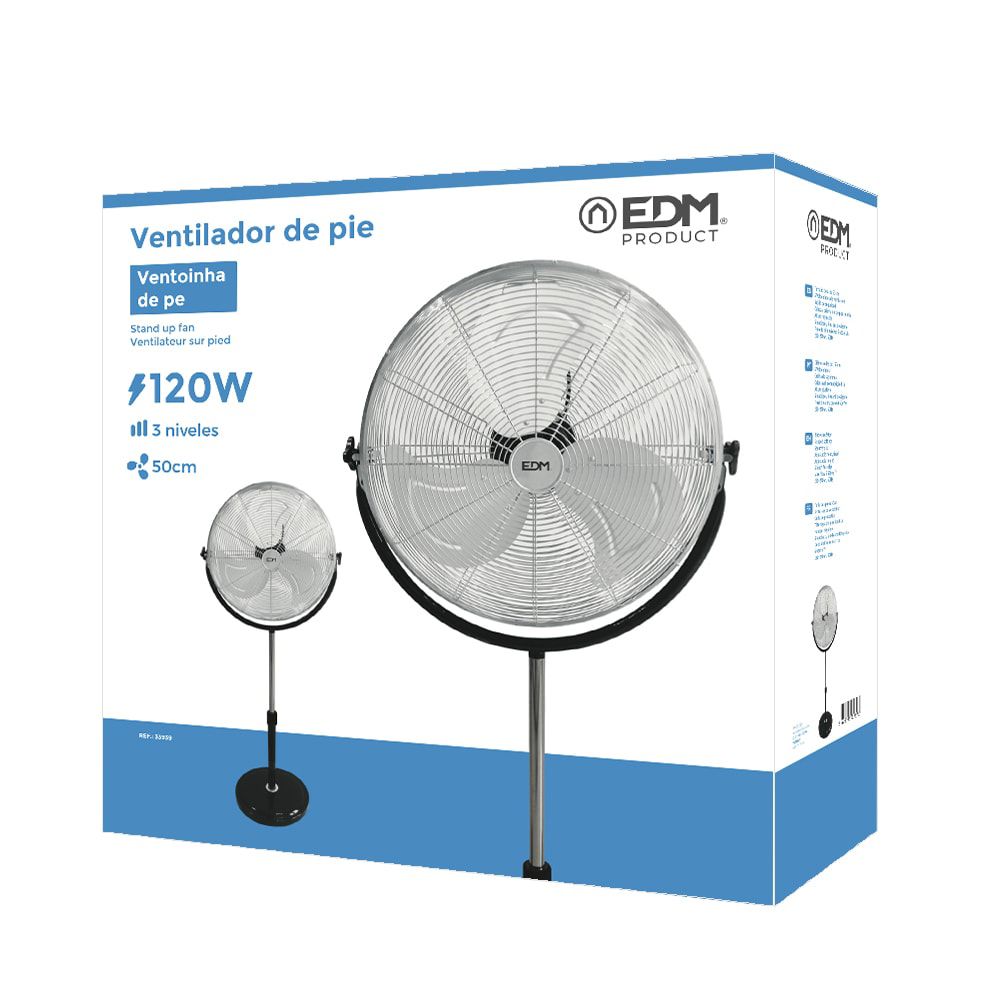 Ventilador de pie industrial base circular, cromado/negro, potencia 120 w, 64,9 db, aspas ø50 cm, altura regulable 118-148 cm