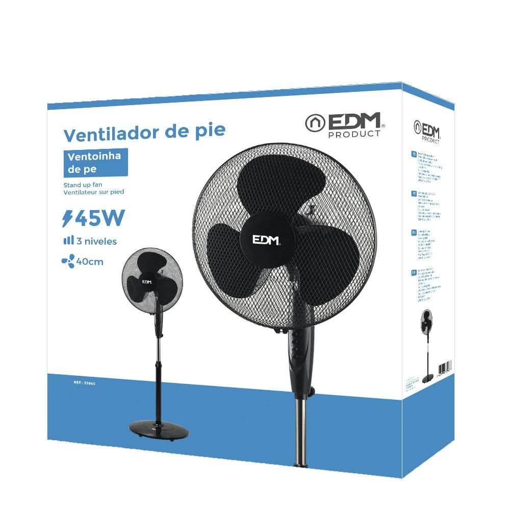 Ventilador de pie base circular, negro, potencia 45 w, 55,6 db, aspas ø40 cm, altura regulable 110-130 cm