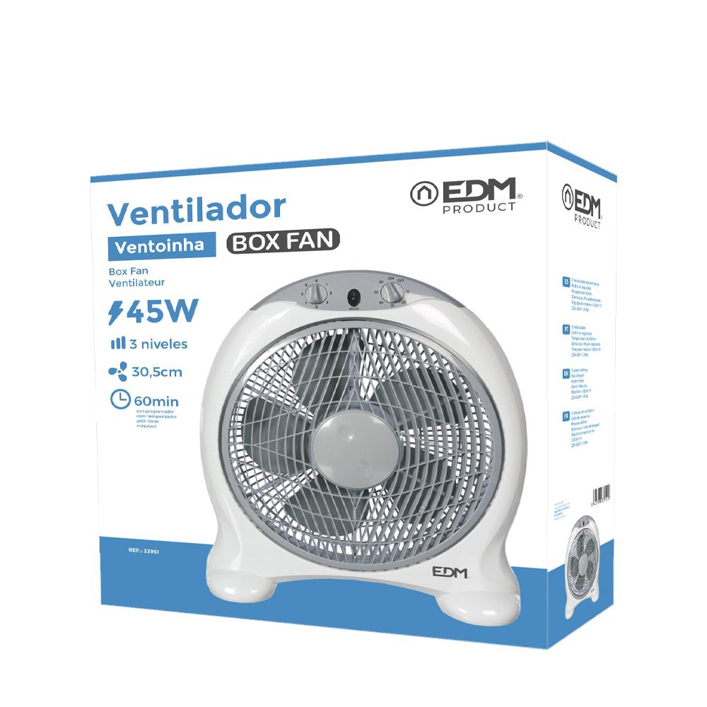 Ventilador box fan, blanco/gris, potencia 45 w, 60db, aspas ø30,5 cm 38,5 x 13 x 46 cm