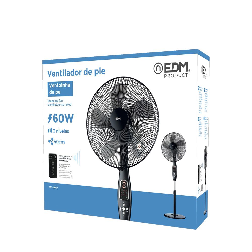 Ventilador de pie mando a distancia, negro, potencia 60 w, 62,9 db, aspas ø40 cm, altura regulable 110-130 cm