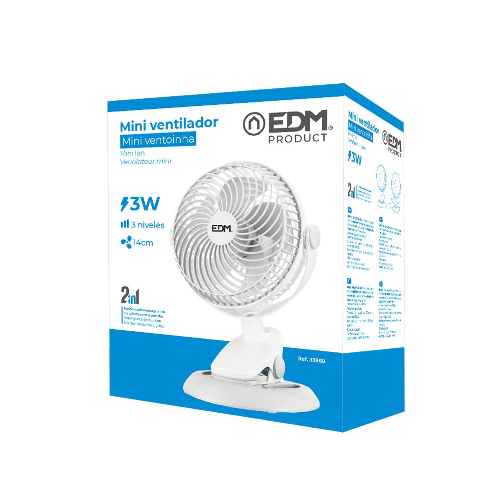 Ventilador mini recargable con pinza y base, 3 w, 31,6 db, ø17 x 18 x 28 cm
