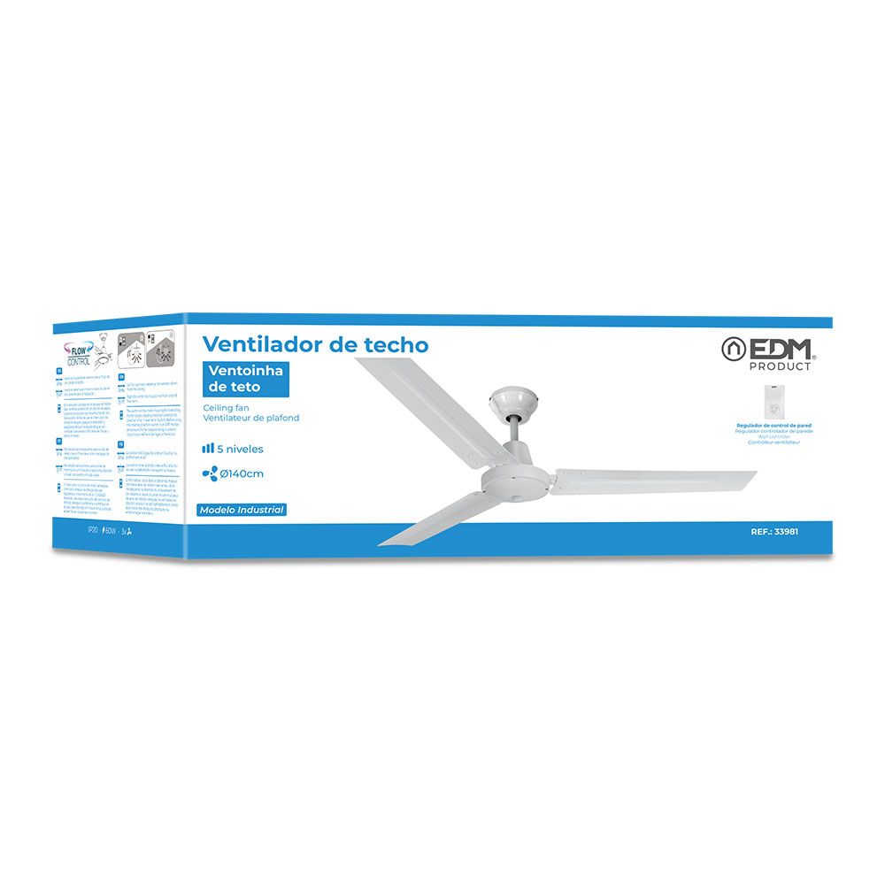 Ventilador de techo modelo industrial. color blanco. potencia: 60w aspas: ø140cm con controlador de pared edm