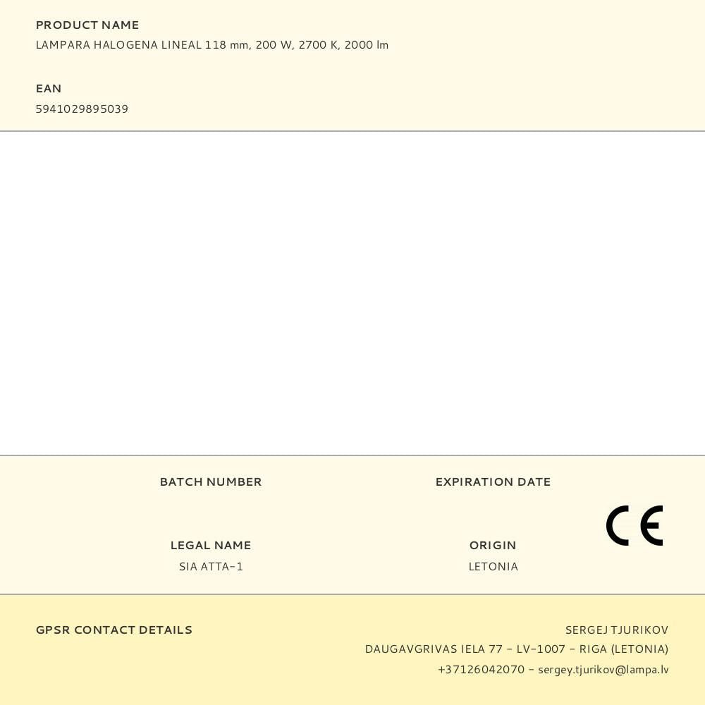 Lampara halogena lineal 118 mm 200 w 2700 k 2000 lm