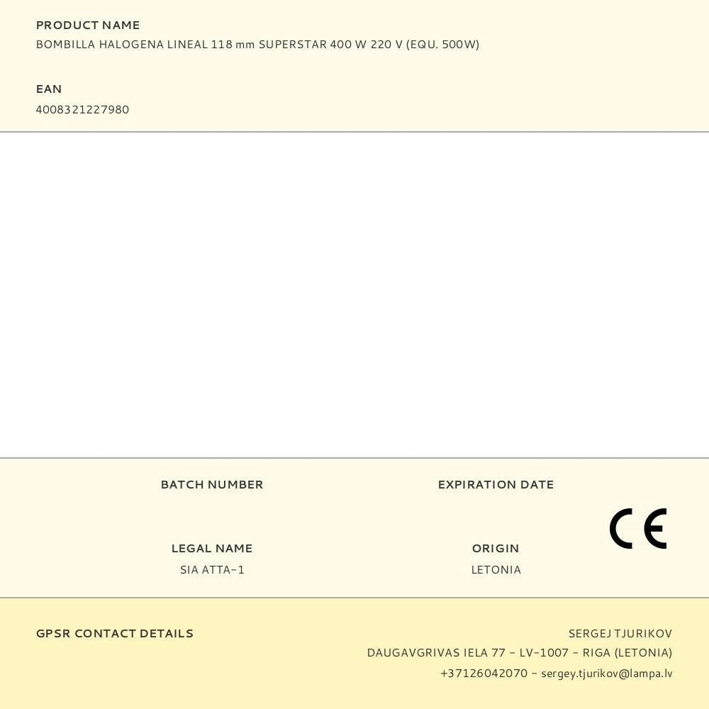 Bombilla halogena lineal 118 mm superstar 400 w 220 v, equ. 500 w