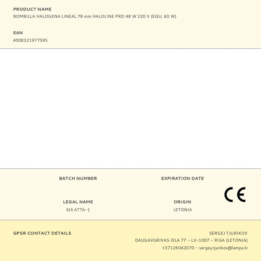 Bombilla halogena lineal 78 mm haloline pro 48 w 220 v, equ. 60 w