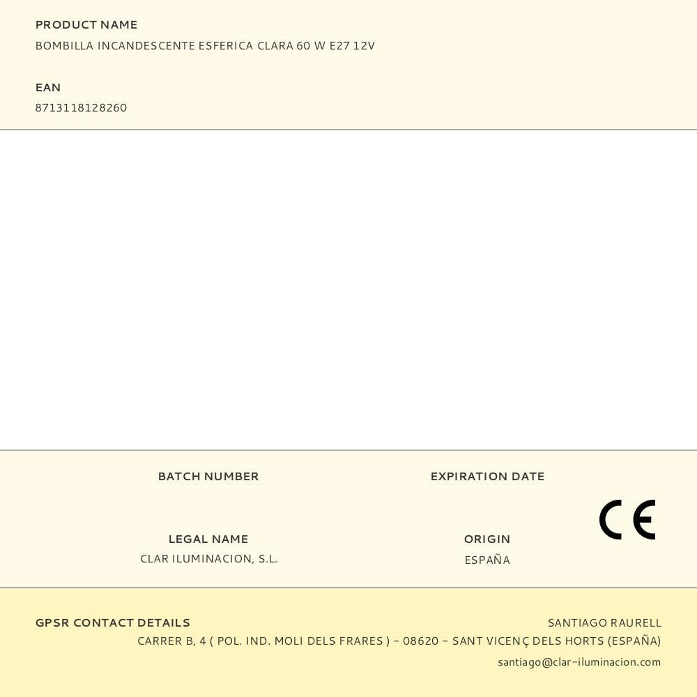 Bombilla incandescente esferica clara 60 w e27 12v