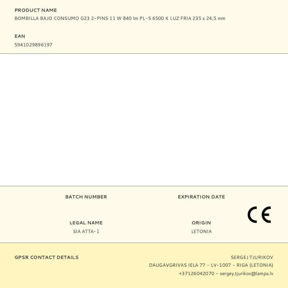 Bombilla bajo consumo g23 2-pins 11 w 840 lm pl-s 6500 k luz fria 235 x 24,5 mm