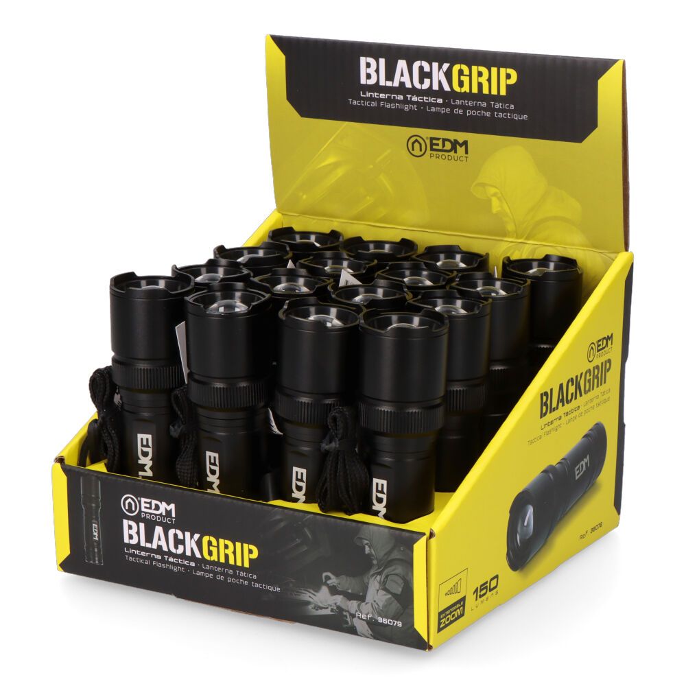 Linterna led táctica black grip 150 lm con zoom, 3 x aaa (incluidas), aluminio