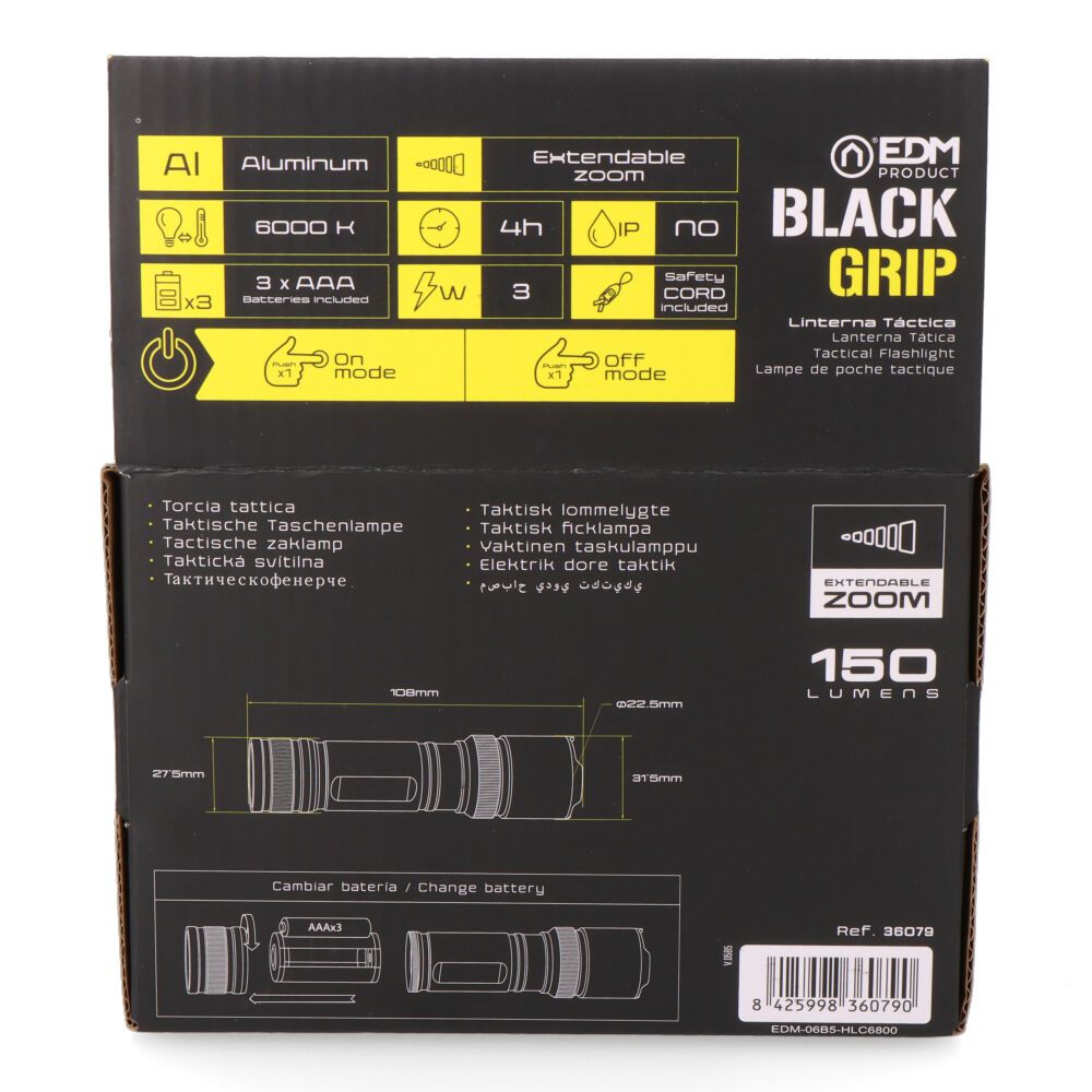 Linterna led táctica black grip 150 lm con zoom, 3 x aaa (incluidas), aluminio