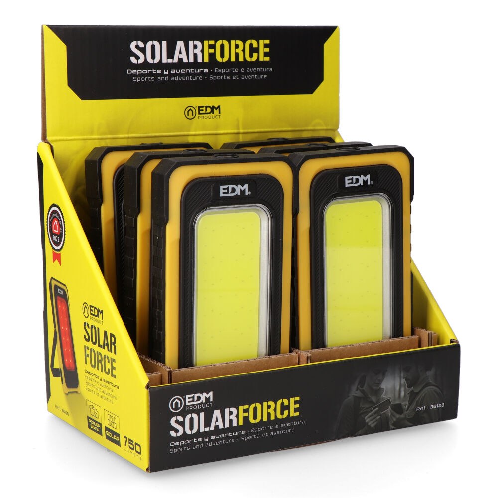 Linterna led cob solar force, recargable, con gancho e imán, 10 w 750 lm