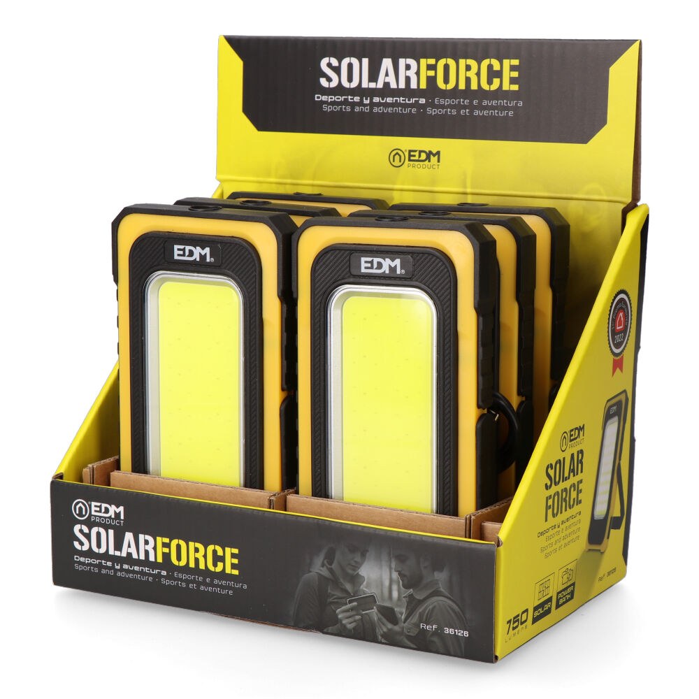 Linterna led cob solar force, recargable, con gancho e imán, 10 w 750 lm