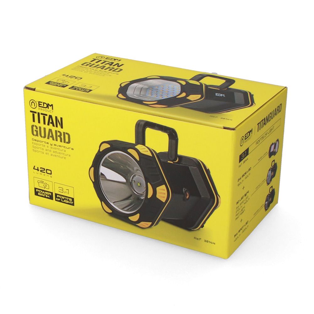 Linterna led de mano titan guard, recargable, 3 puntos de luz