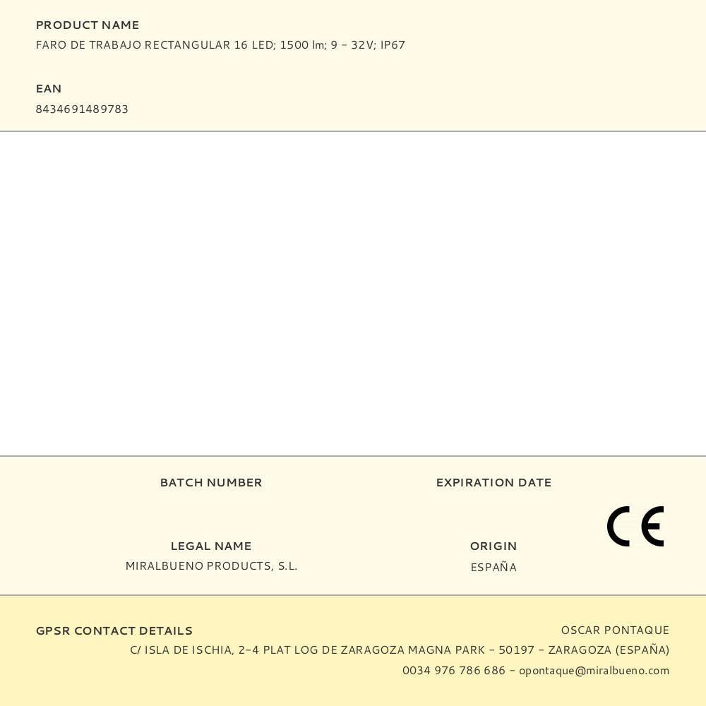 Faro de trabajo rectangular 16 leds - 1500 lm - 9 - 32 v - ip67