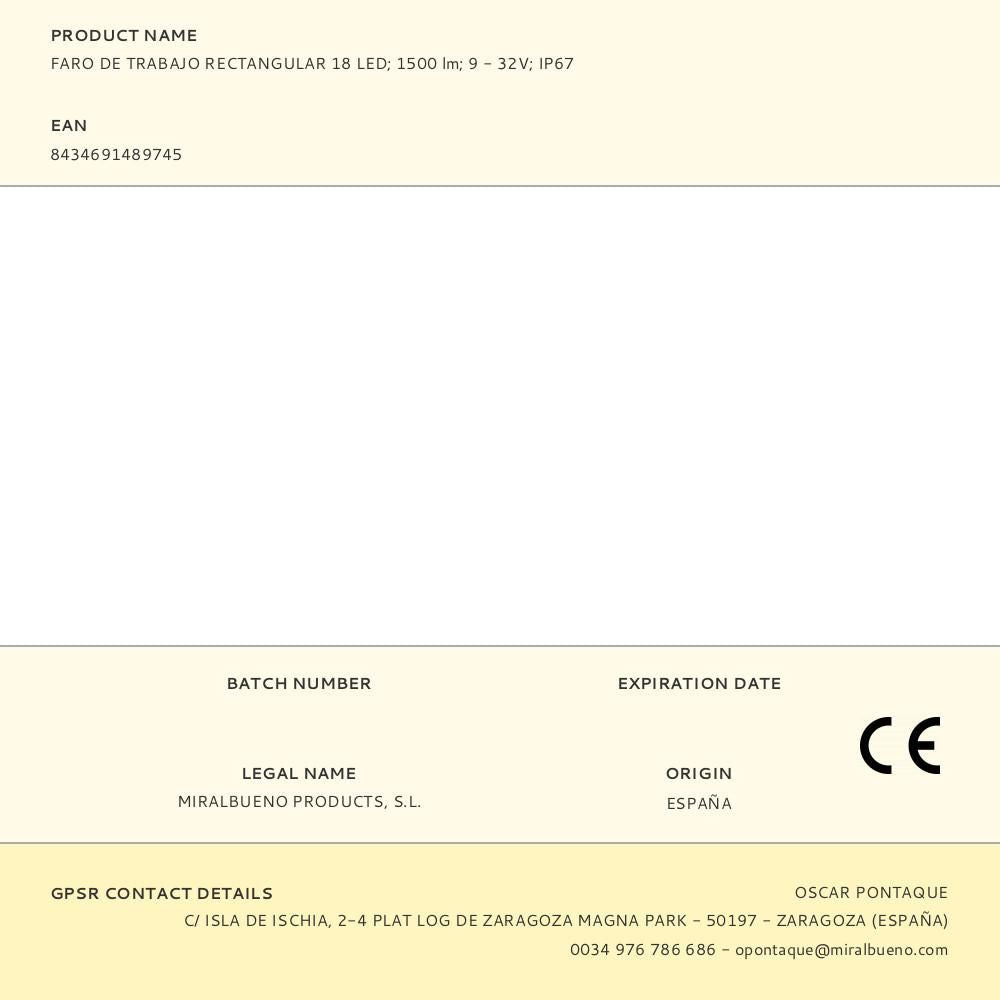 Faro de trabajo rectangular 18 leds - 1500 lm - 9 - 32 v - ip67