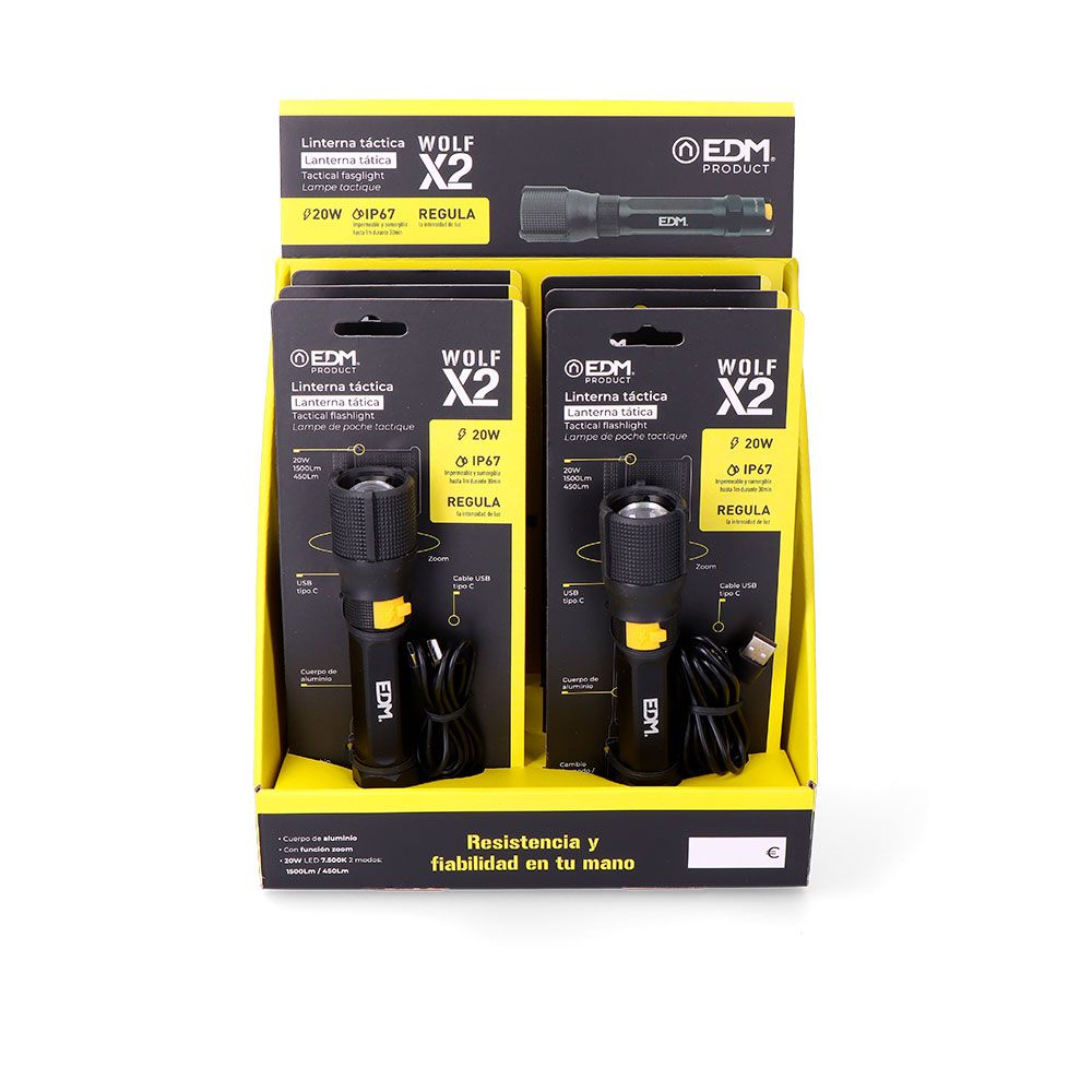 Linterna led táctica wolf x2 recargable 1500 lm / 450 lm, ip67 - ø4,0 x 17,8 cm