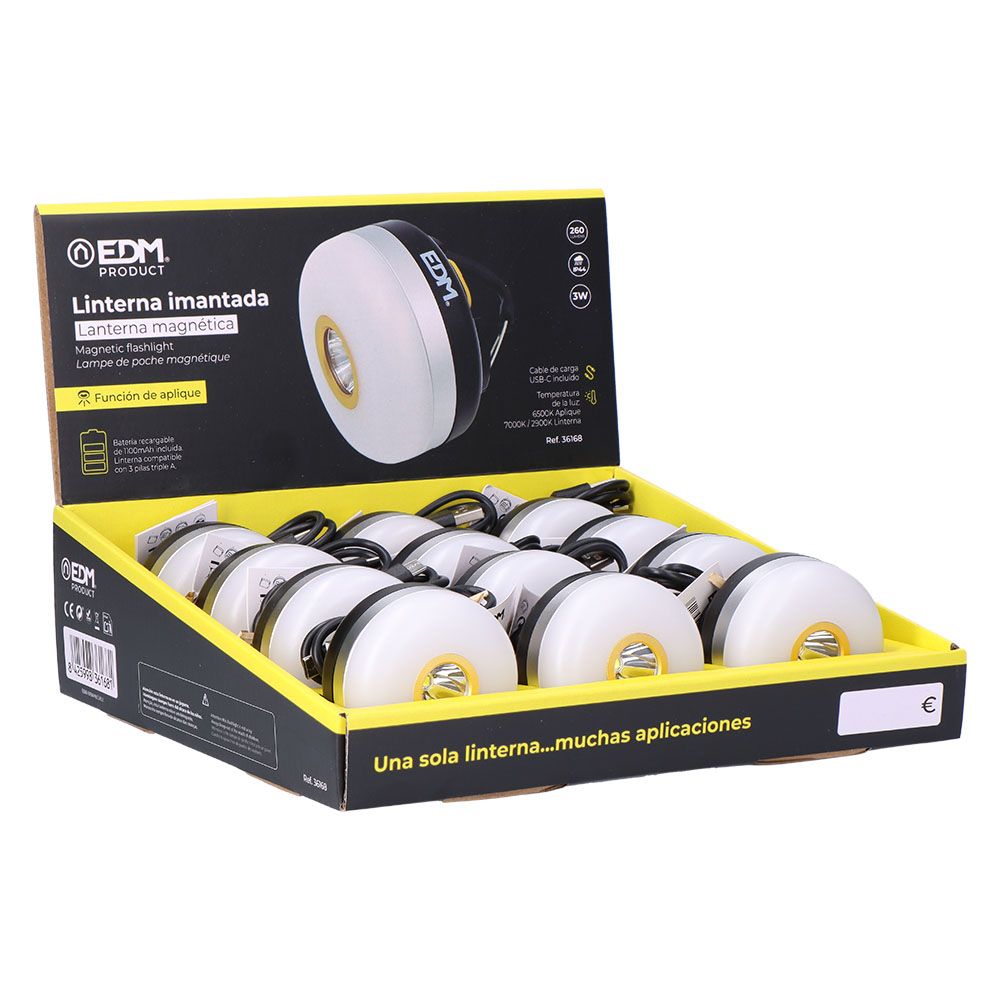 Linterna imantada led 260 lm 3cct 6500 / 7000 / 2900 k ip44 3 w bateria recargable 1100 mah ø 66 x 40 mm