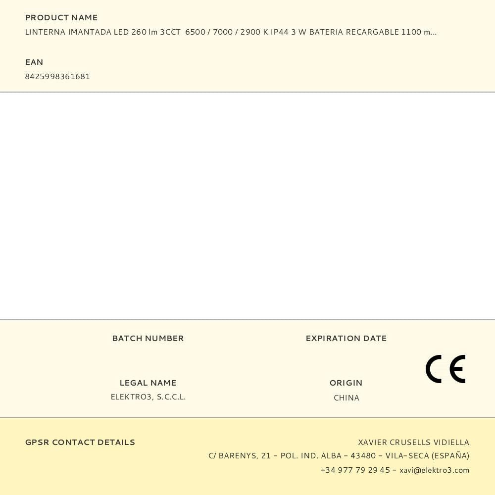 Linterna imantada led 260 lm 3cct 6500 / 7000 / 2900 k ip44 3 w bateria recargable 1100 mah ø 66 x 40 mm