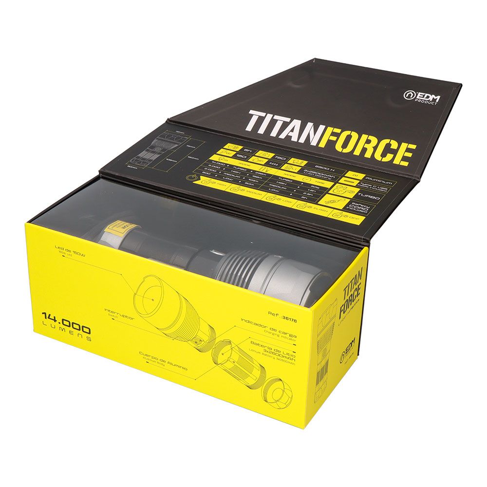 Linterna led táctica titanforce recargable 14.000 lm 6500 k 150 w ip44 + cordón