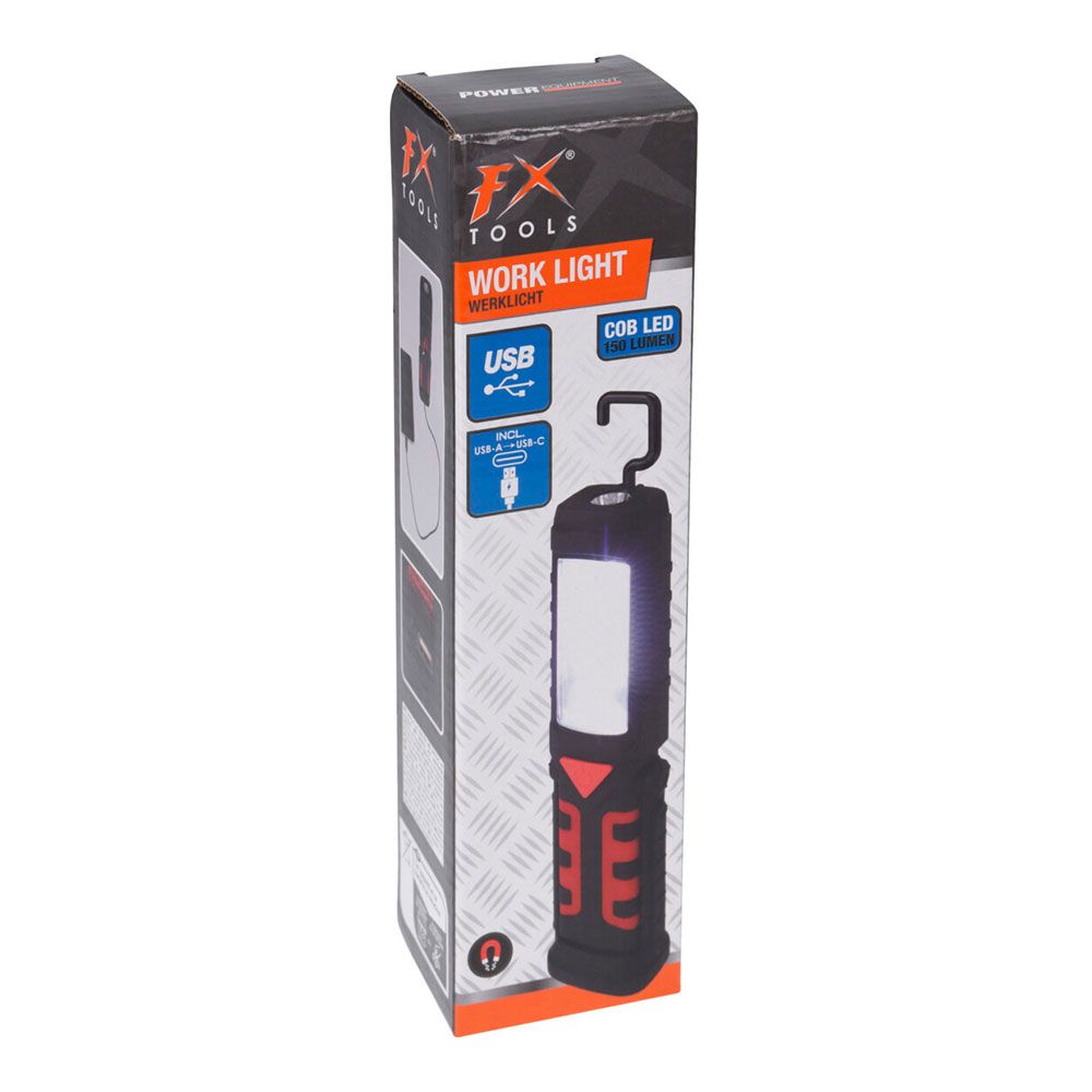 Linterna led de trabajo recargable doble funcion con gancho + imán, negra, 50 x 35 x 215 mm