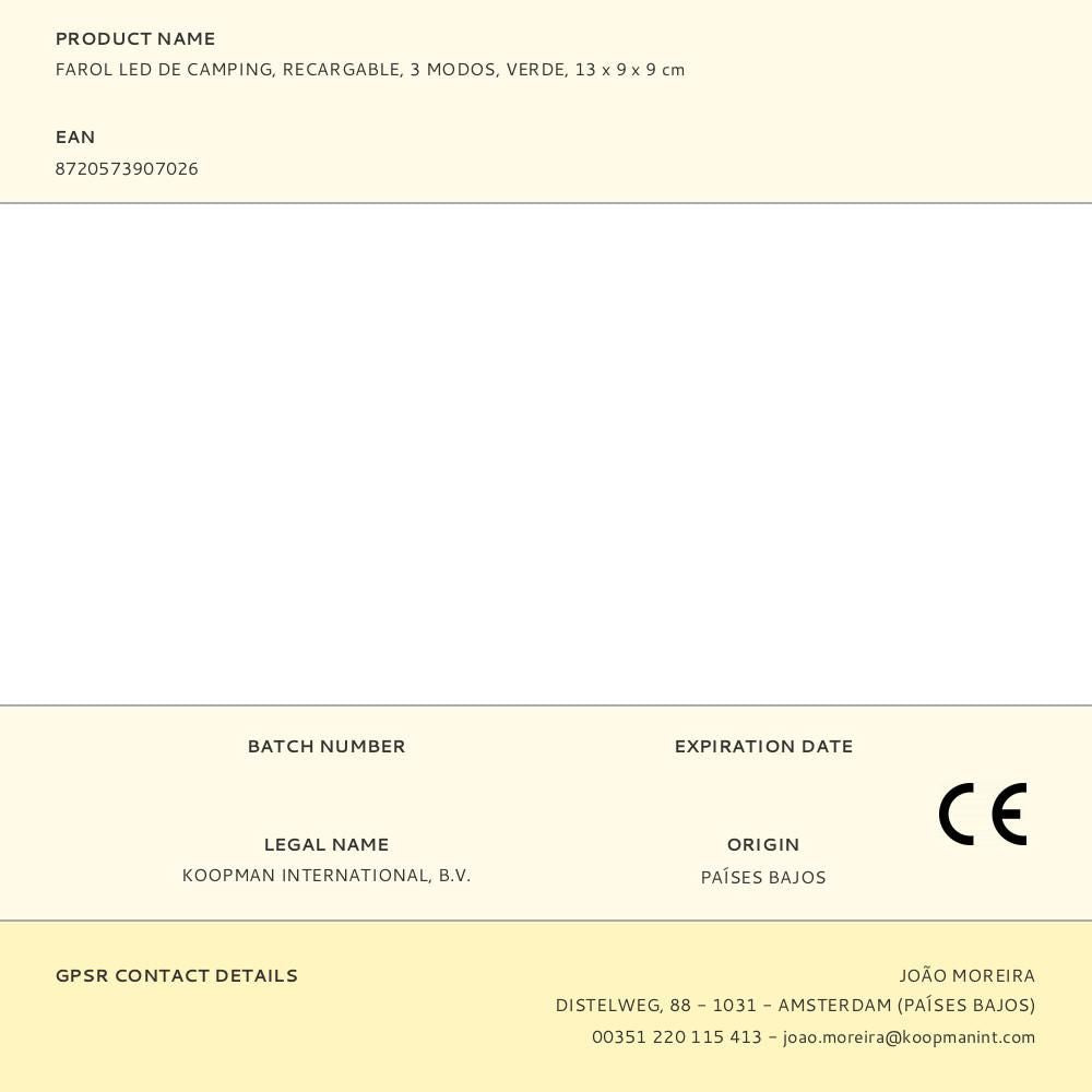 Farol led de camping, recargable, 3 modos, verde, 13 x 9 x 9 cm