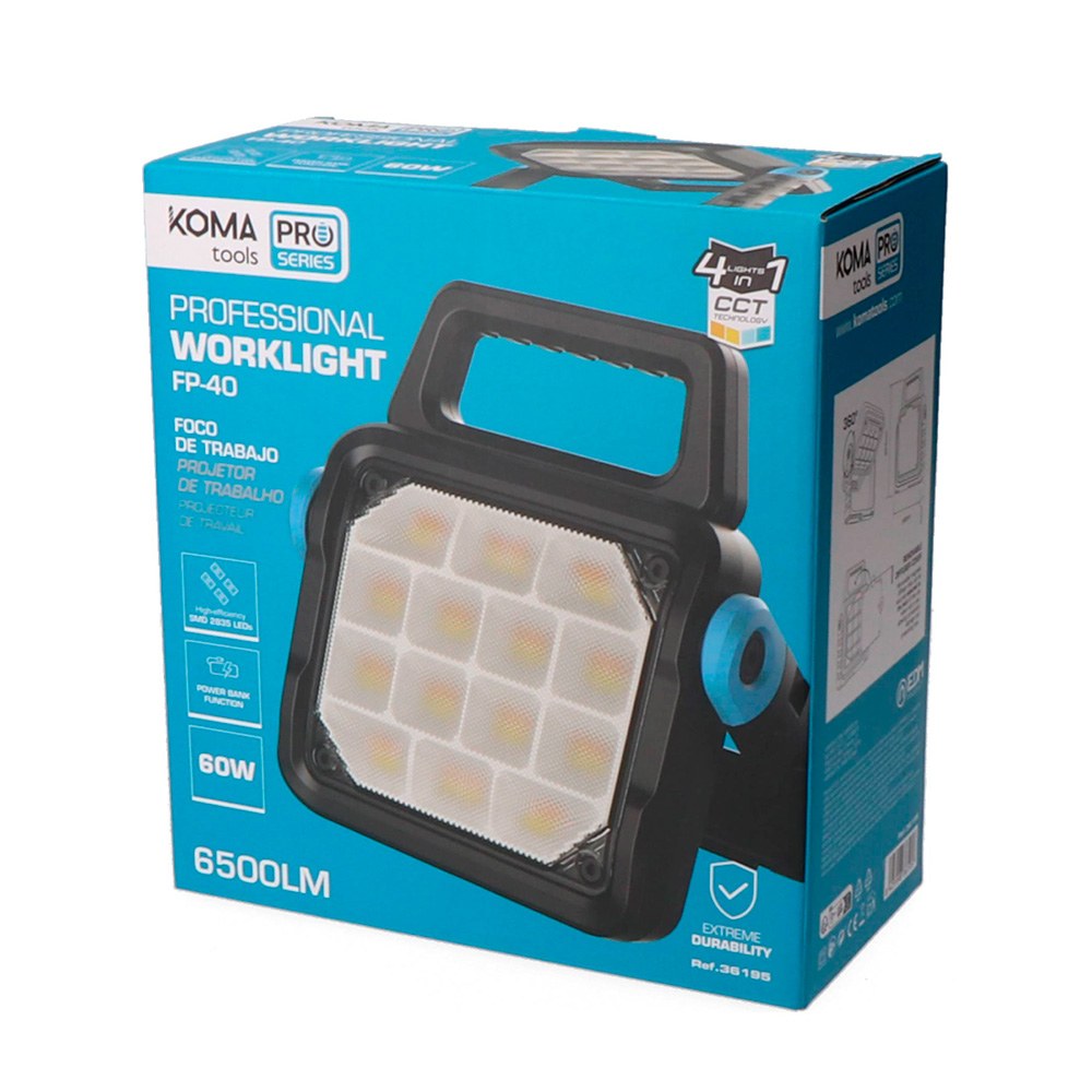 Foco led profesional de trabajo fp-40, recargable, 4cct, 60 w, 6500 lm, 8000 mah, 224 x 53 x 245 mm