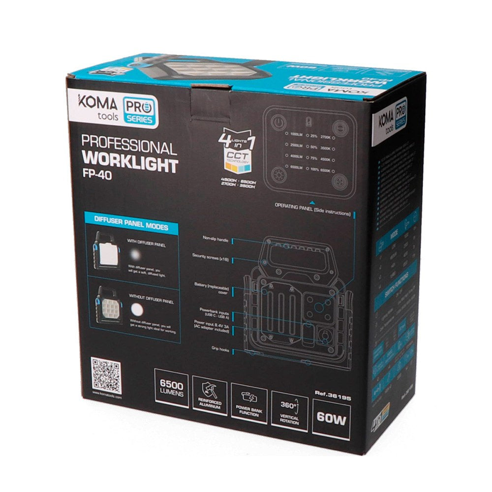 Foco led profesional de trabajo fp-40, recargable, 4cct, 60 w, 6500 lm, 8000 mah, 224 x 53 x 245 mm
