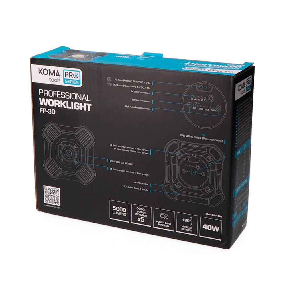 Foco led profesional de trabajo fp-30 recargable 40 w, 5000 lm, 4000 mah, 211 x 64 x 211 mm