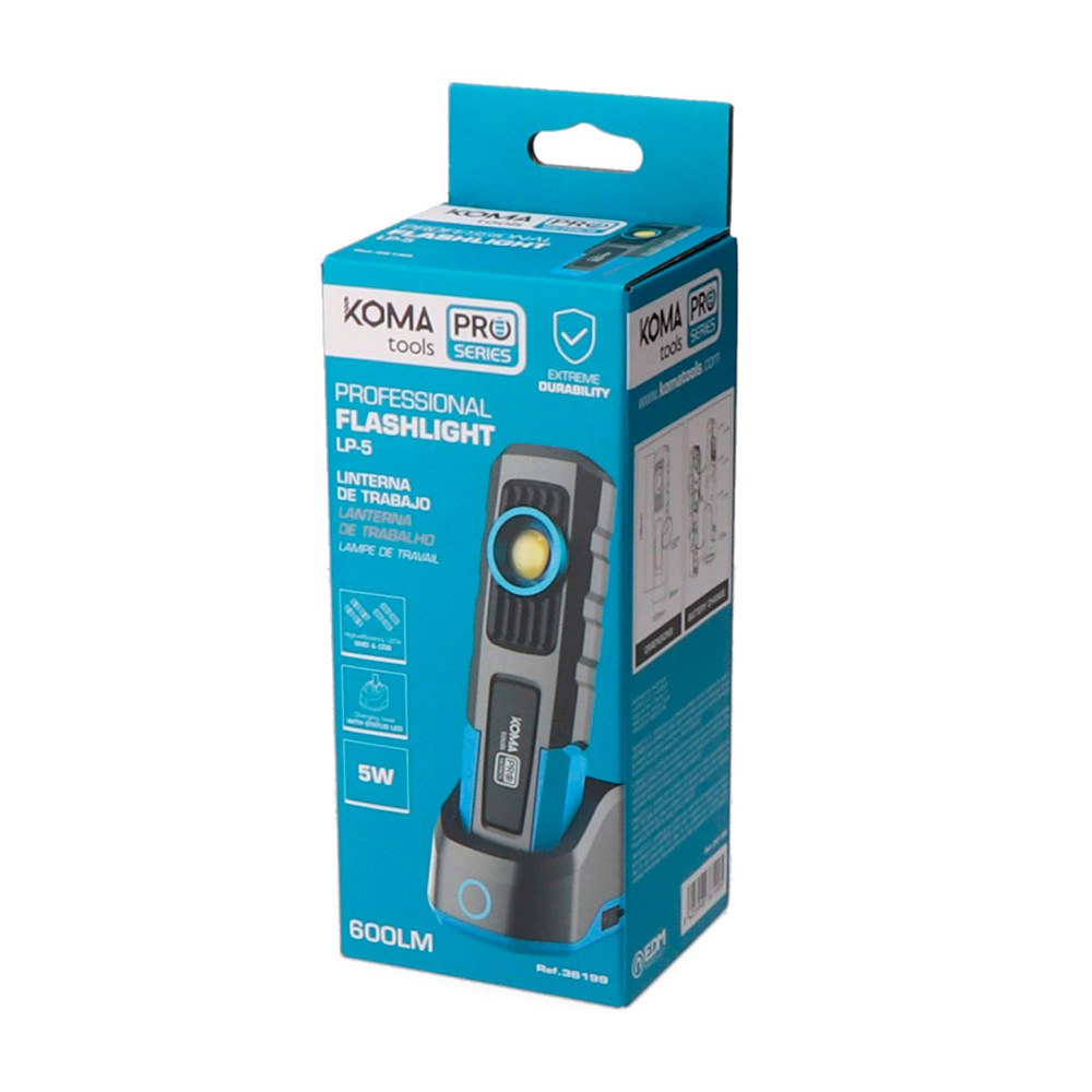 Linterna led profesional de trabajo lp-5 recargable 5w 600 lm 4000 mah + base de carga, 53,5 x 36 x 186 mm