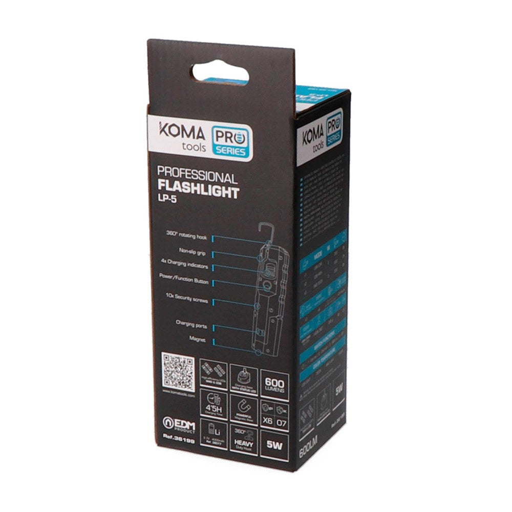 Linterna led profesional de trabajo lp-5 recargable 5w 600 lm 4000 mah + base de carga, 53,5 x 36 x 186 mm