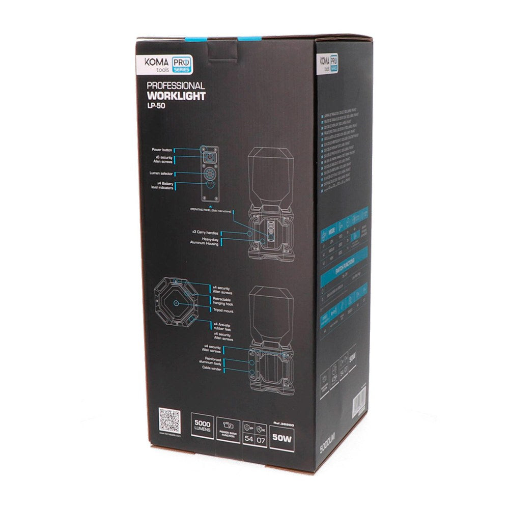 Lámpara led cob profesional de trabajo lp-50 recargable, 50 w, 5000 lm, 4500 mah, 205 x 205 x 470 mm