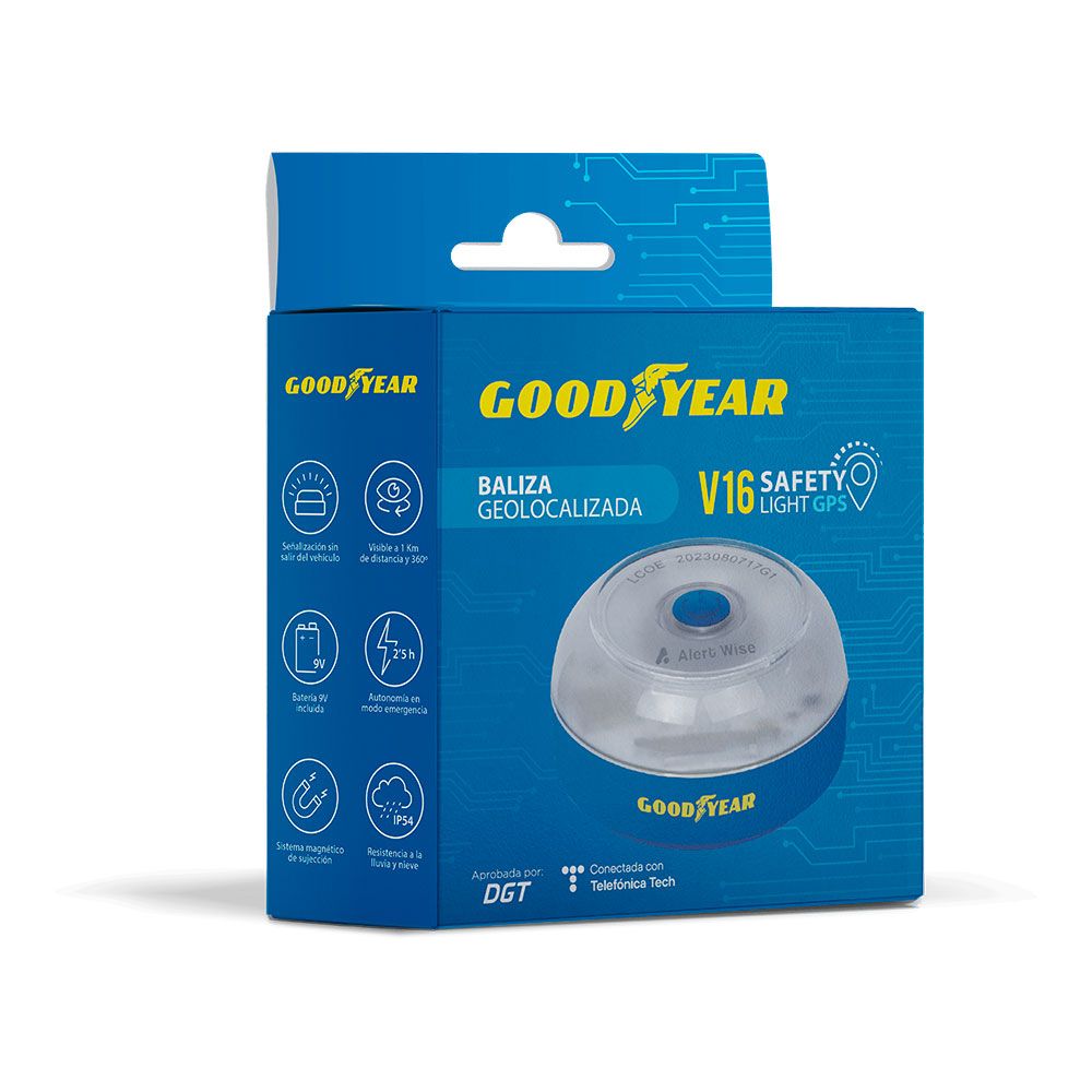 Baliza v16 de emergencia homologada conectada geolocalizable con dgt 3.0 alert wise goodyear