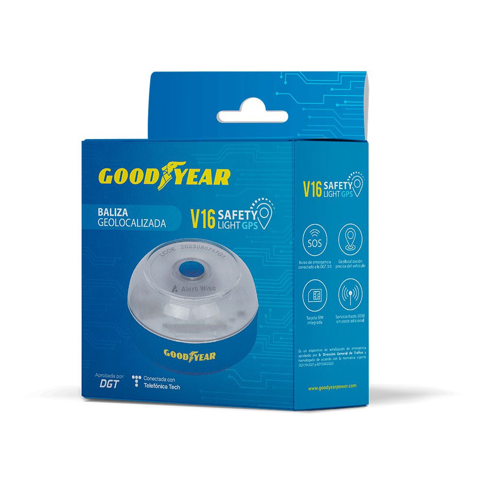 Baliza v16 de emergencia homologada conectada geolocalizable con dgt 3.0 alert wise goodyear