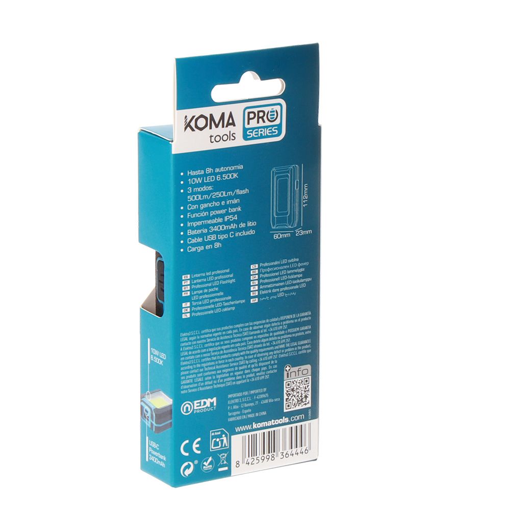 Linterna led cob 10 w 500 lm profesional, recargable, con gancho + iman, funcion power bank, 60 x 23 x 112 mm