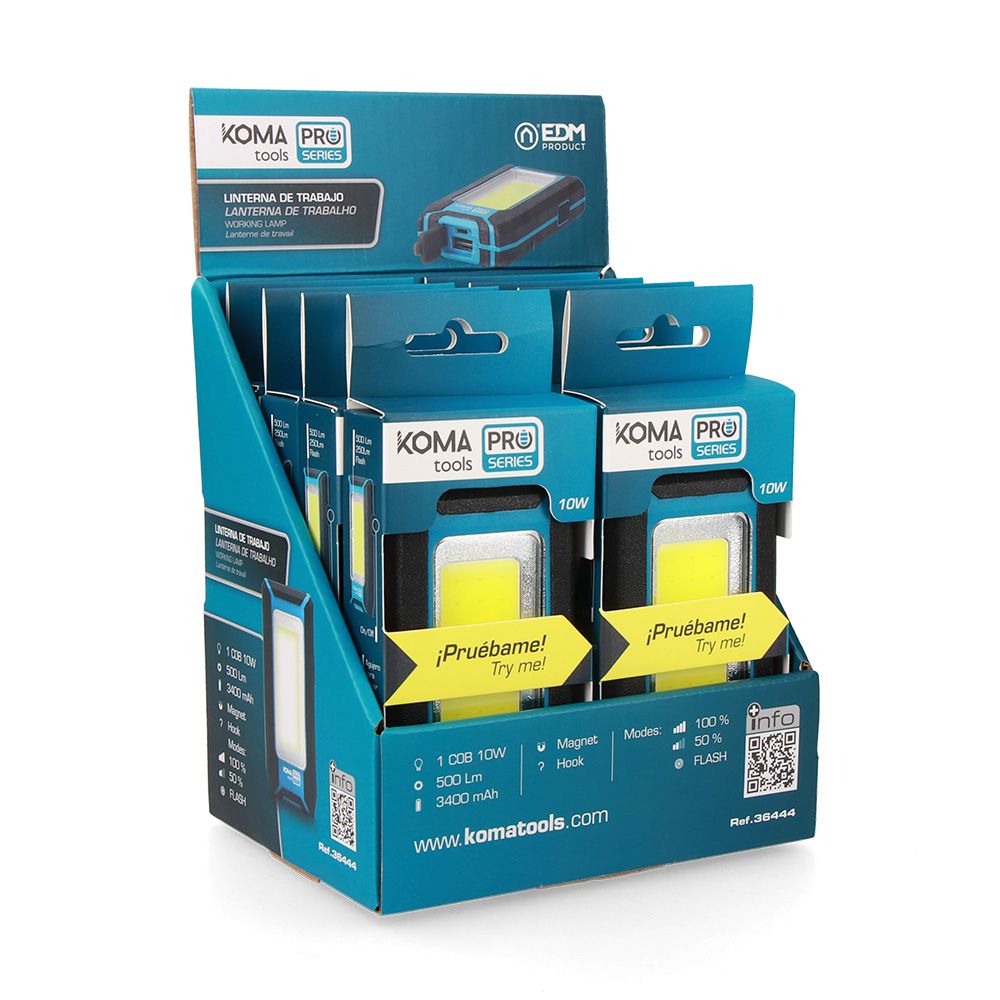 Linterna led cob 10 w 500 lm profesional, recargable, con gancho + iman, funcion power bank, 60 x 23 x 112 mm