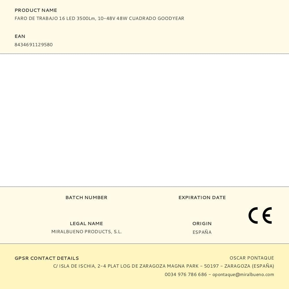 Faro de trabajo cuadrado 16 leds - 3500 im - 48w - 10 - 48v