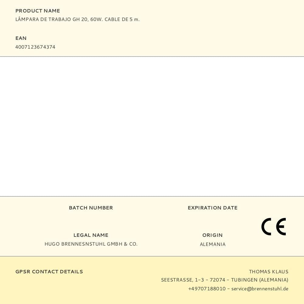 Lámpara de trabajo gh 20, 60w. cable de 5 m.