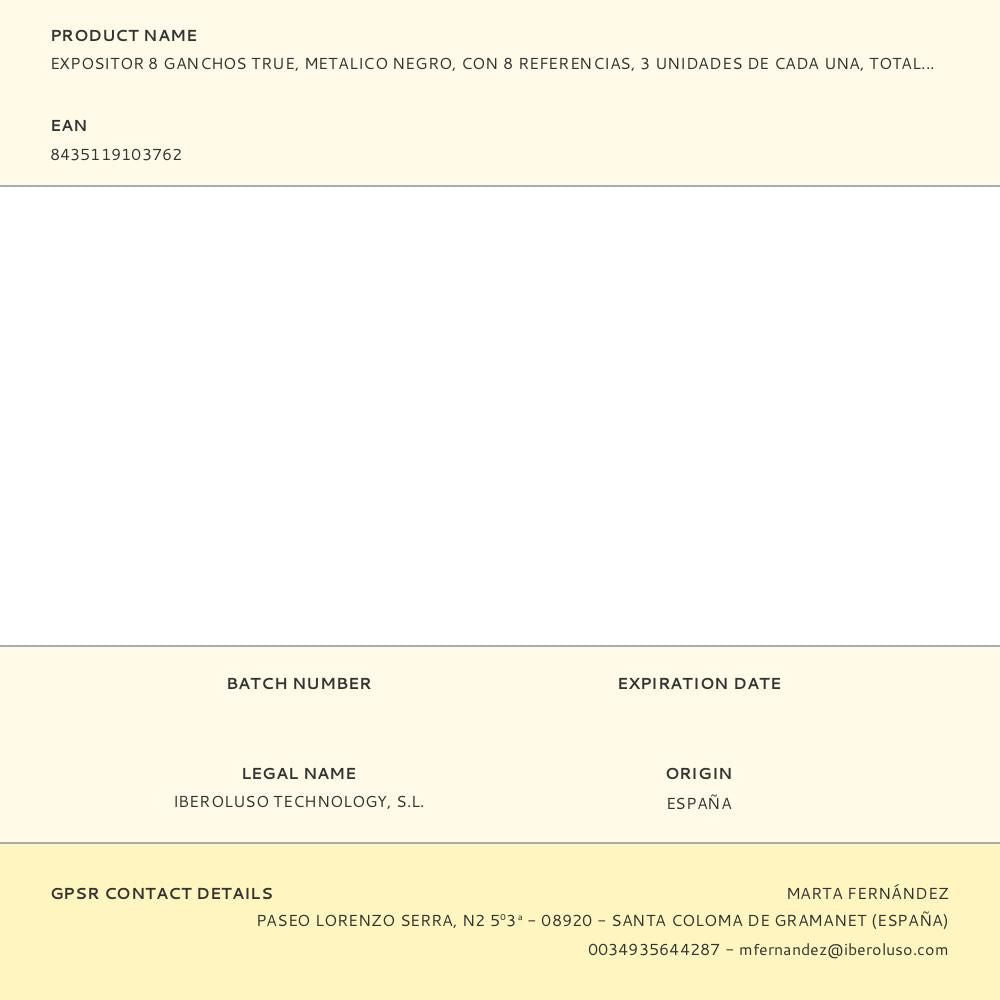 Expositor 8 ganchos true, metalico negro, con 8 referencias, 3 unidades de cada una, total 24 unidades, 41 x 20 x 45 cm