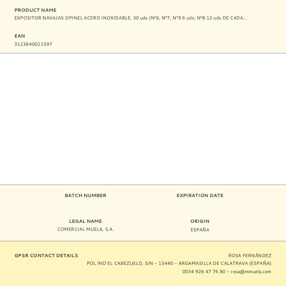 Expositor navajas opinel acero inoxidable, 30 uds (nº6, nº7, nº9 6 uds - nº8 12 uds de cada numero)