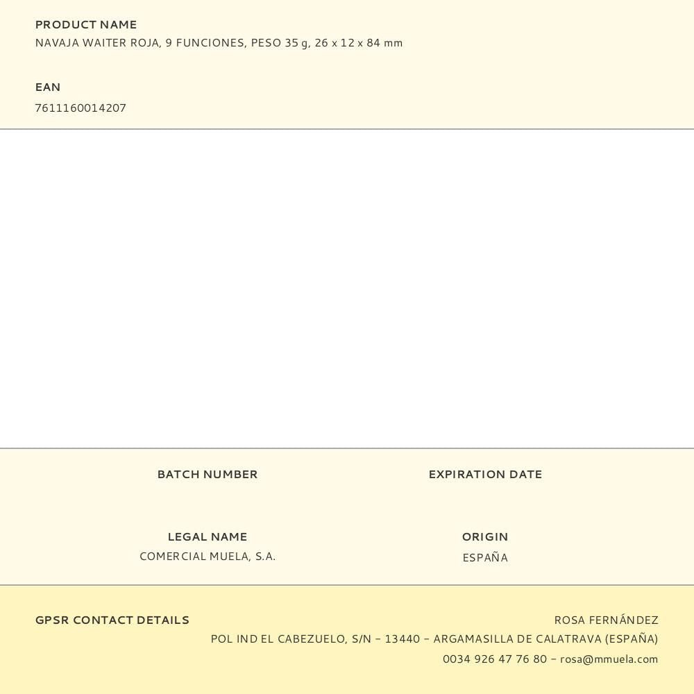 Navaja waiter roja, 9 funciones, peso 35 g, 26 x 12 x 84 mm